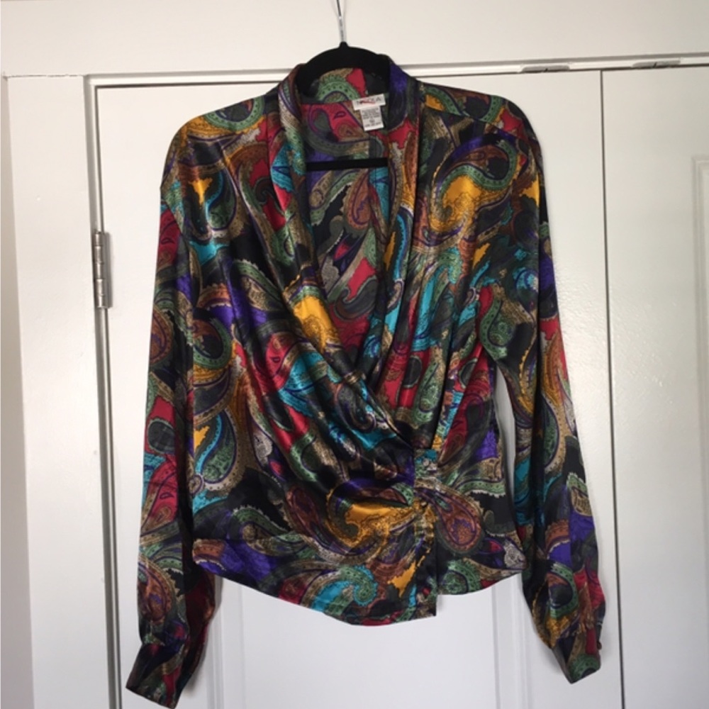 Vtg NICOLA colorful pattern crossfront blouse